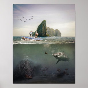 Fishermen, Shark and Shipwreck Artwork Poster