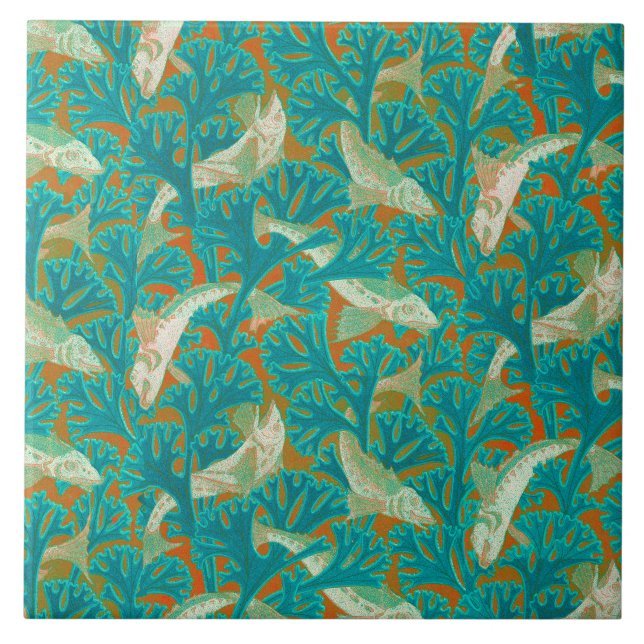 FISHES AND ALGAES  BLUE YELLOW Art Nouveau Pattern Ceramic Tile (Front)