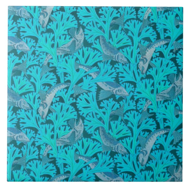 FISHES AND ALGAES IN AQUA BLUE Art Nouveau Pattern Ceramic Tile (Front)