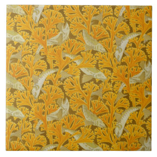 FISHES AND ALGAES IVORY YELLOW Art Nouveau Pattern Ceramic Tile