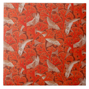 FISHES AND RED ALGAES Art Nouveau Animal Pattern Ceramic Tile
