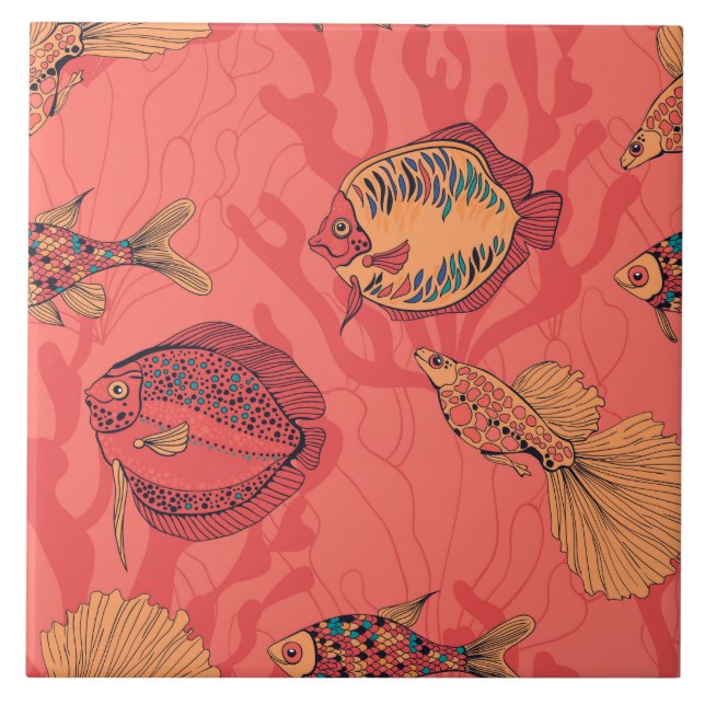 Fishes on living coral background ceramic tile (Front)