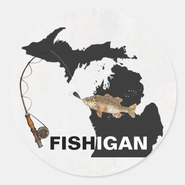 FISHIGAN black outline for sport fishing Classic Round Sticker | Zazzle