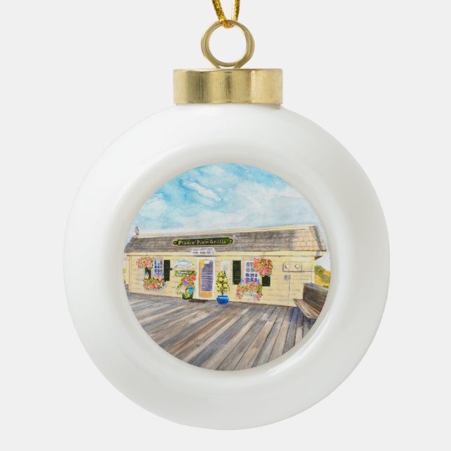 Fishin' Pier Grille Ceramic Ball Ornament (Front)