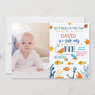 Fishing 1st Birthday Boy O-fish-ally Photo Picture Invitation