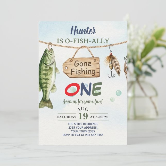 Fishing 1st Birthday O-Fish-Ally One Birthday Invitation (Standing Front)