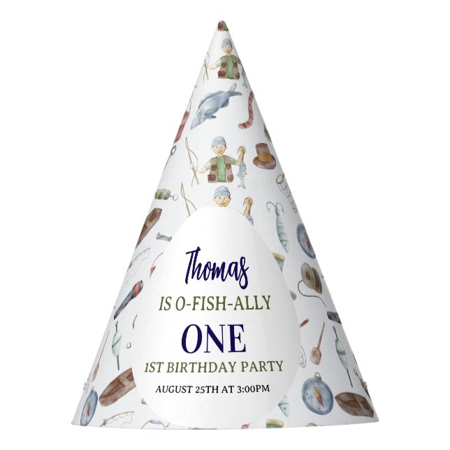 Fishing 1st Birthday | O-Fish-Ally One party Hat (Front)