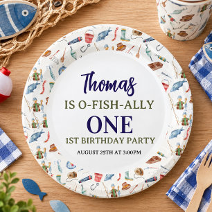Fishing 1st Birthday O-Fish-Ally One party Paper Plates