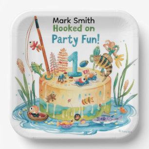 Fishing 1st Birthday Party with Cake Design Paper Plates