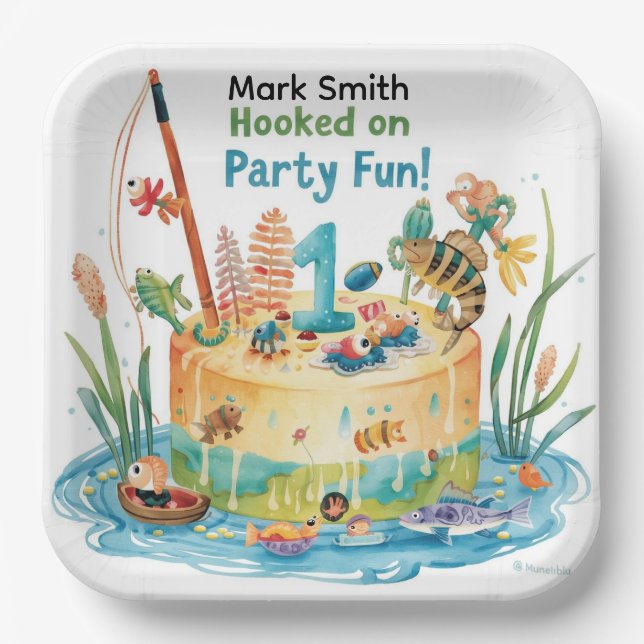 Fishing 1st Birthday Party with Cake Design Paper Plates (Front)