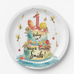 Fishing 1st Birthday Party with Cake Design Paper Plates