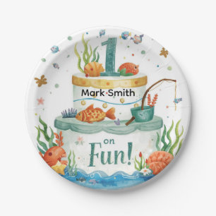 Fishing 1st Birthday Party with Cake Design Paper Plates