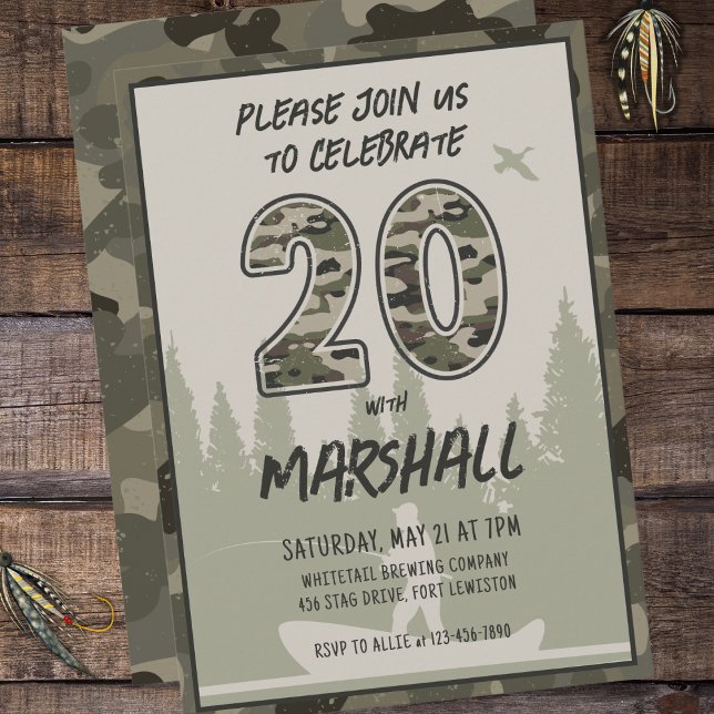 Fishing 20th Birthday Camouflage Woodland Forest Invitation (Creator Uploaded)