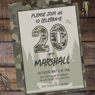 Fishing 20th Birthday Camouflage Woodland Forest Invitation