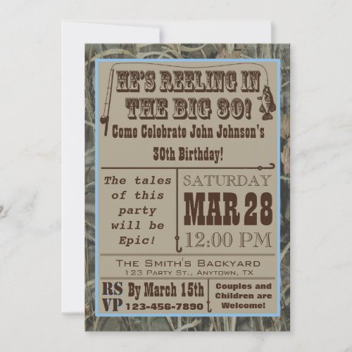 Fishing 30th Birthday Invitation with Camo