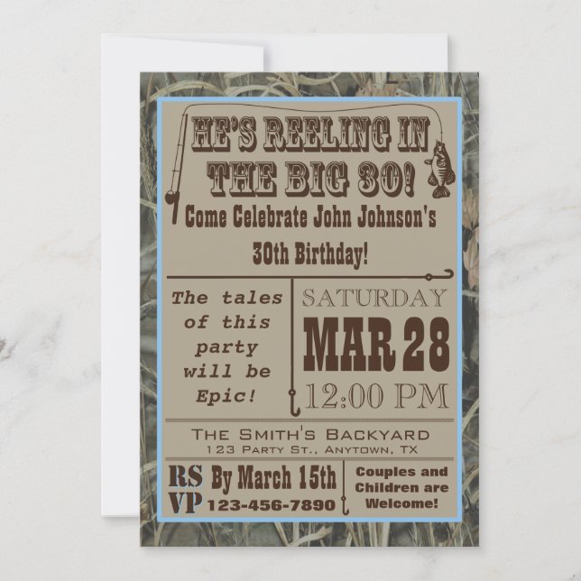 Fishing 30th Birthday Invitation with Camo (Front)