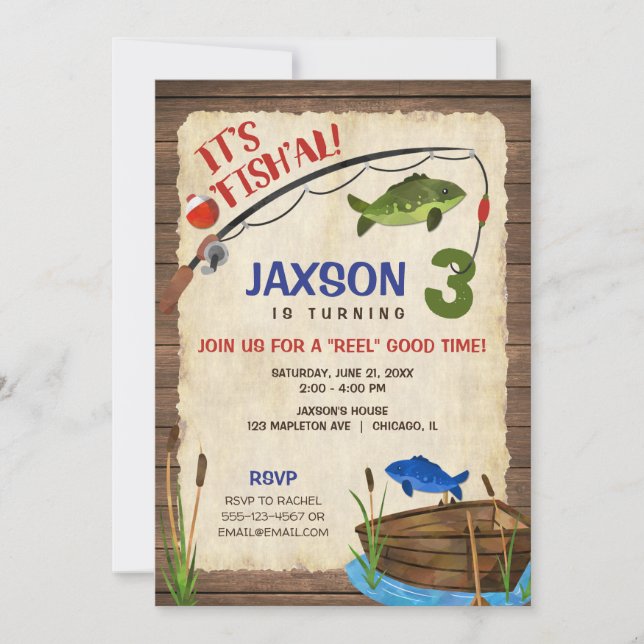 Fishing 3rd birthday boy rustic outdoors invitation (Front)