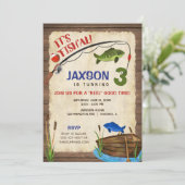 Fishing 3rd birthday boy rustic outdoors invitation (Standing Front)
