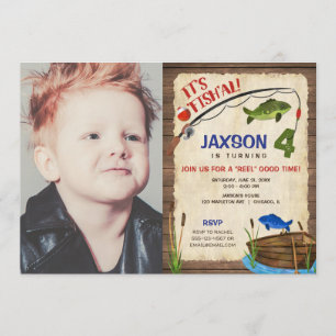 Fishing 4th birthday boy rustic outdoors photo invitation