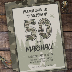 Fishing 50th Birthday Camouflage Woodland Forest Invitation