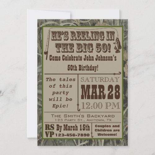 Fishing 50th Birthday Invitation with Camo