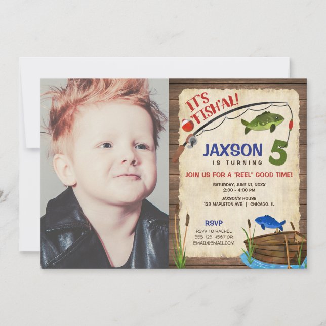 Fishing 5th birthday boy rustic outdoors photo invitation (Front)