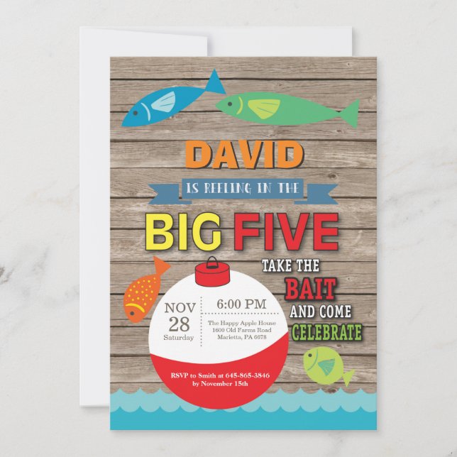 Fishing 5th Birthday Invitation Big Five Rustic (Front)