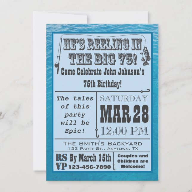 Fishing 75th Birthday Invitation with Water (Front)