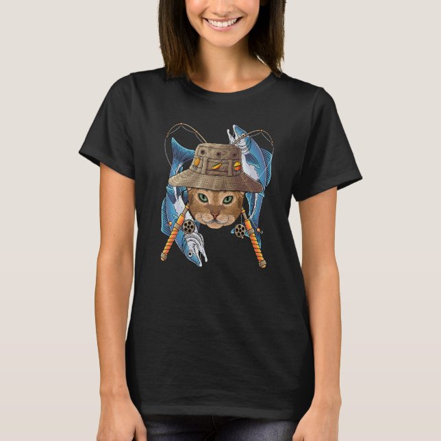Fishing Abyssinian Outdoor Fisherman Cat Cute Fly  T-Shirt (Front)