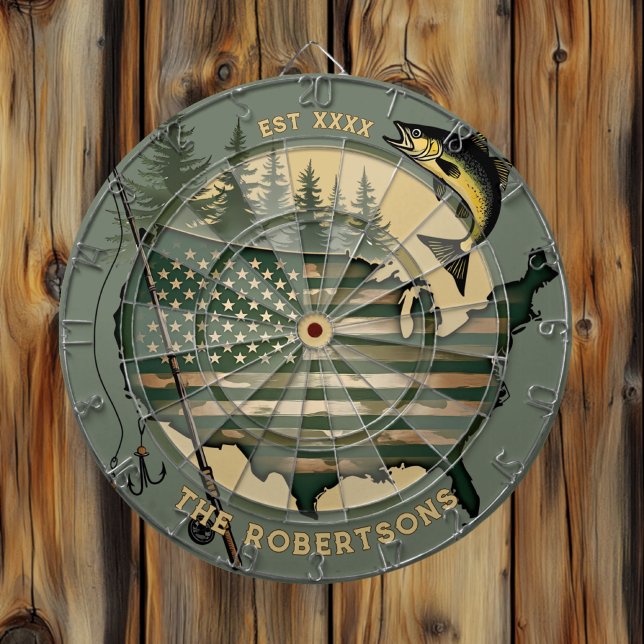 Fishing American Flag Custom Family Name Est Date  Dart Board (Creator Uploaded)