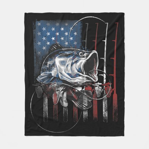 Fishing American Flag Vintage USA Bass Fisherman Fleece Blanket