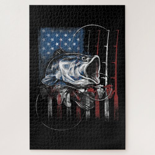 Fishing American Flag Vintage USA Bass Fisherman Jigsaw Puzzle