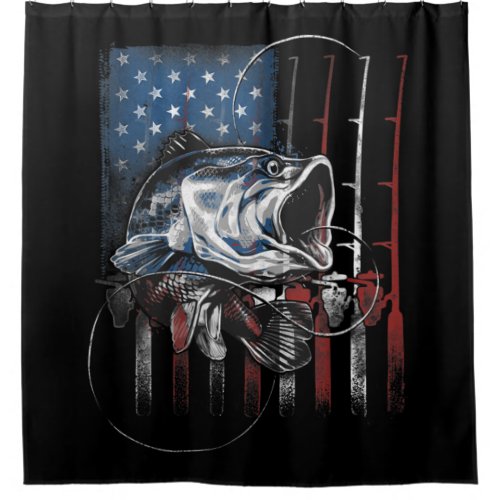 Fishing American Flag Vintage USA Bass Fisherman Shower Curtain