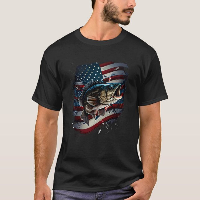 Fishing and an American Flag Largemouth Bass  1 T-Shirt (Front)