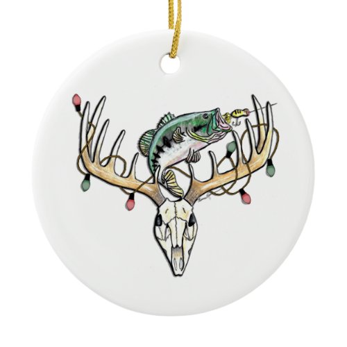 Fishing and Hunting Bass and Deer Ceramic Ornament