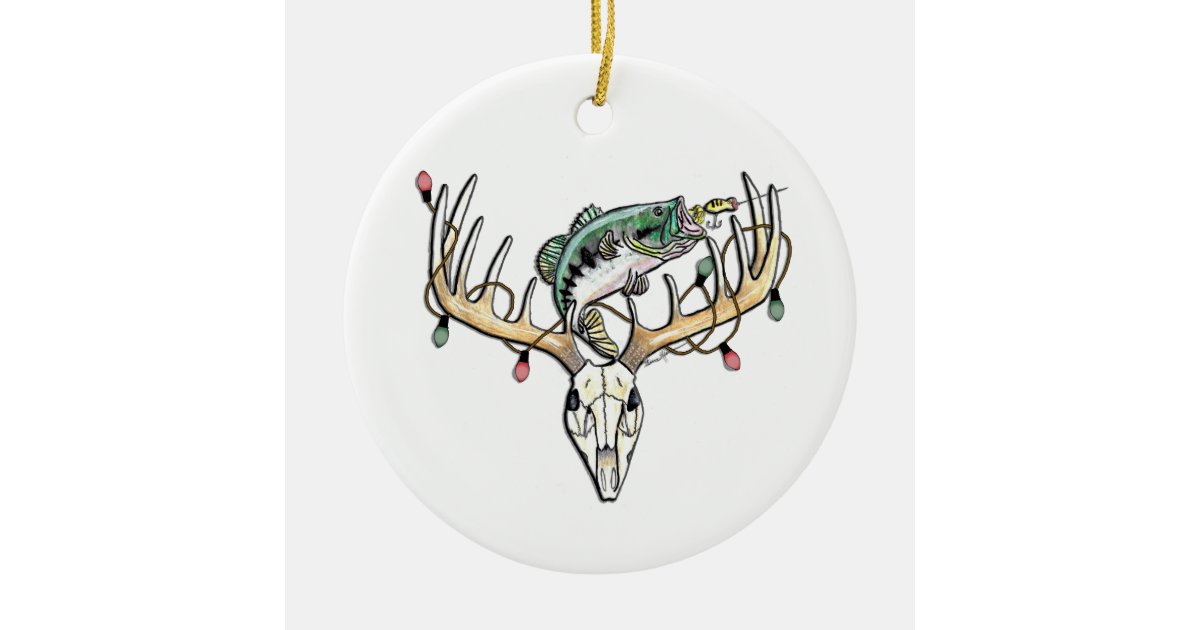 Fishing and Hunting Bass and Deer Ceramic Ornament