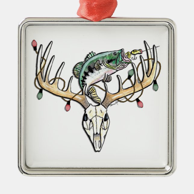 Fishing and Hunting Bass and Deer Metal Ornament (Front)