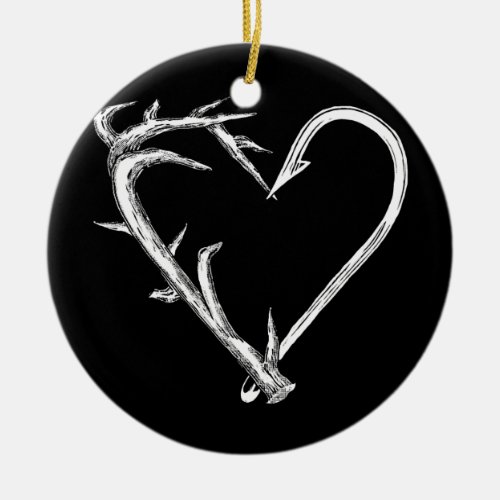 Fishing and Hunting Heart Artistic Antler  Hook Ceramic Ornament