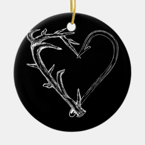 Fishing and Hunting Heart Artistic Antler  Hook Ceramic Ornament