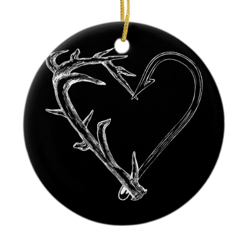 Fishing and Hunting Heart Artistic Antler &amp; Hook Ceramic Ornament