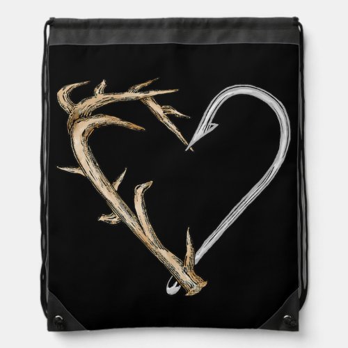 Fishing and Hunting Heart Artistic Antler  Hook Drawstring Bag