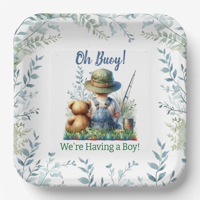 Fishing Baby and Teddy Bear | Baby Shower Paper Plates (Front)