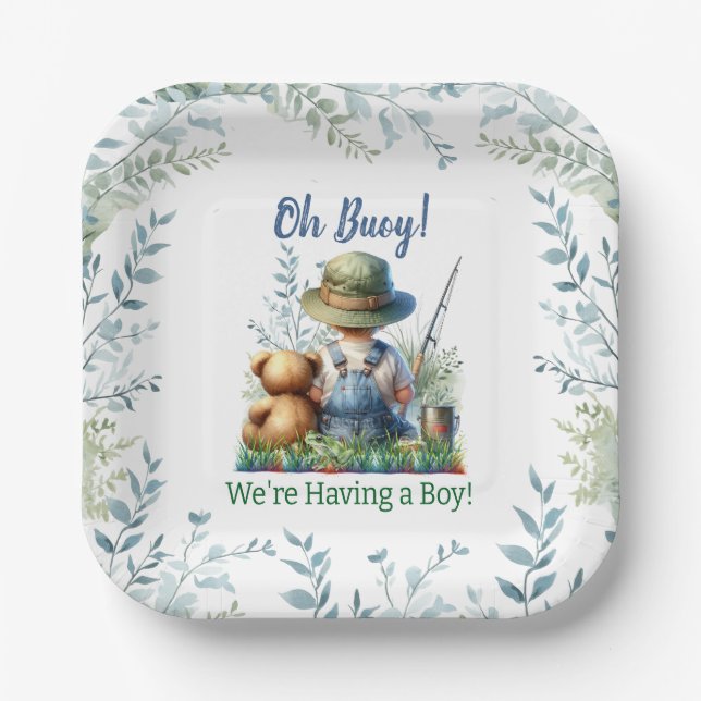 Fishing Baby and Teddy Bear | Baby Shower Paper Plates (Front)