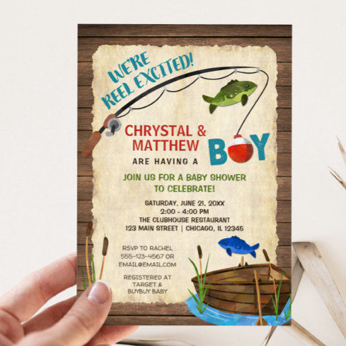 Fishing baby shower, boy rustic Reel excited