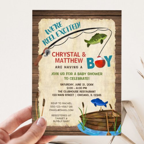 Fishing baby shower boy rustic Reel excited Invitation