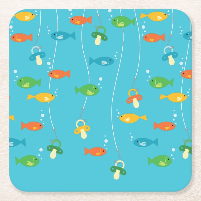 Fishing Baby Shower Square Paper Coaster (Front)