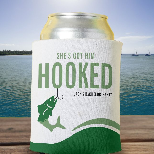 Fishing Bachelor Party Funny She's Got Him Hooked Can Cooler (Fishing Bachelor Party Funny She's Got Him Hooked)