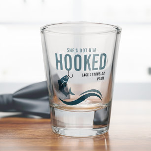 Fishing Bachelor Party Funny She's Got Him Hooked Shot Glass