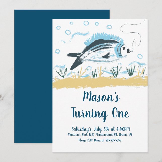 Fishing Bait Party Turning One Fish Ocean Birthday Invitation (Front/Back)