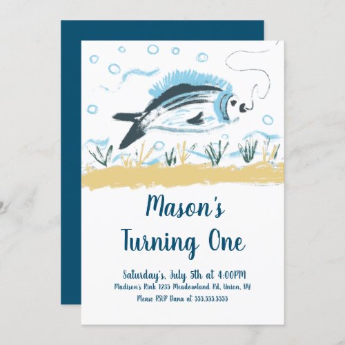 Fishing Bait Party Turning One Fish Ocean Birthday Invitation